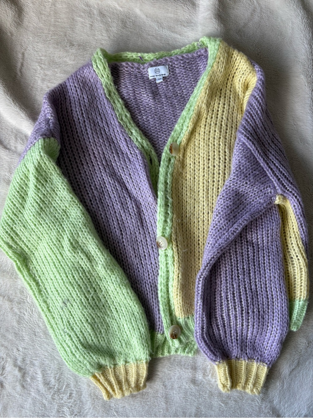 Soft Colorblock Cardigan Sweater in Lavender, Green & Yellow